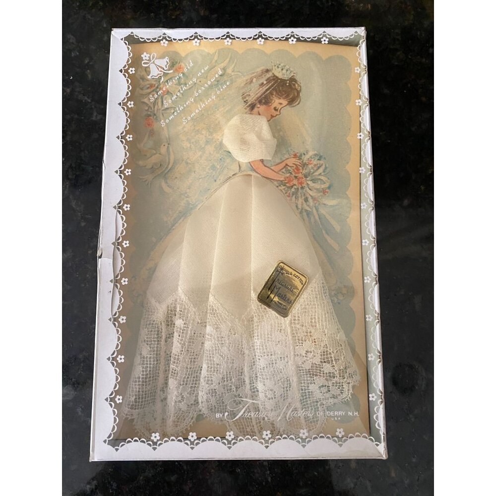 Vintage Mid Century Treasure Masters Cotton Bridal Handkerchief in Original Box